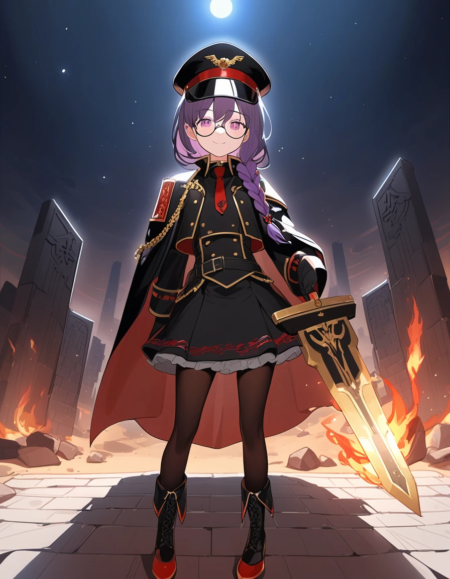 realisitic, City Deserted, Pile of rubble, Brick building, a one woman (18 years old, far away blackw hair, far away slits, Eyes red, glare eyes, 精致的面容, standing (In floor, feet shoulder-width apart), ta style military uniform (blackw base, Red Insert, golden decoration, volantes, wide sleeves, dainty and delicate detailing armors), blackw far away gloves (blackw, Red Insert, golden decoration, small hands, armors), blackw far away gloves, knee high boots (blackw, high-heels, red soles), ha (blackw, aba dourada, shield emblem, delicate details), arms in front, Front of belly, Holding military swords with both hands (blackw, golden decoration, delicate detail, Handle at the top, Ground-facing blade, in front of the body, far away), night sky (blackw, stele, Increased flames and smoke), Pale painting style, One Girl, super high quality, Super Detail, Super Detailed image, long hair, looking at viewer, skirt, shirt, hair ornament, violet eyes, gloves, round glasses, long sleeves, hat, closed mouth, jacket, violet hair, braid, open clothes, necktie, black gloves, black skirt, uniform, single braid, open jacket, black jacket, black headwear, 手链, peaked cap, black necktie, cropped jacket, military hat, pantyhose, Flat Chest, smile, Black Cape