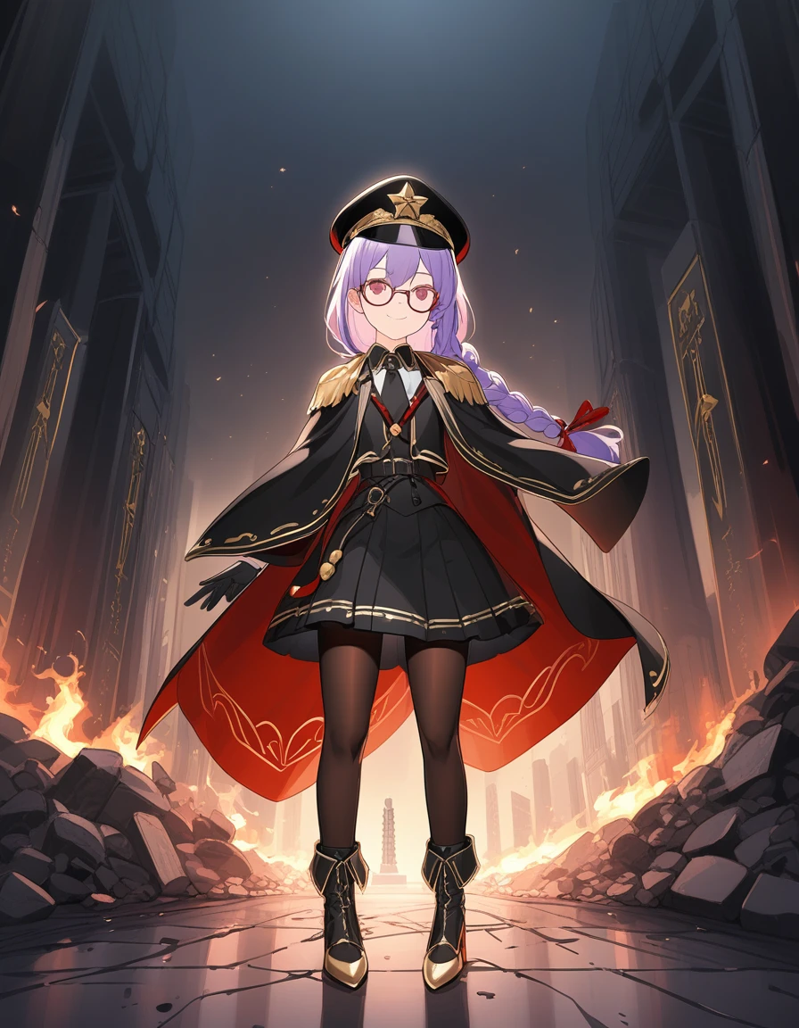 realisitic, City Deserted, Pile of rubble, Brick building, a one woman (18 years old, far away blackw hair, far away slits, Eyes red, glare eyes, 精致的面容, standing (In floor, feet shoulder-width apart), Lolita style military uniform (blackw base, Red Insert, golden decoration, volantes, wide sleeves, dainty and delicate detailing armors), blackw far away gloves (blackw, Red Insert, golden decoration, small hands, armors), blackw far away gloves, knee high boots (blackw, high-heels, red soles), ha (blackw, aba dourada, shield emblem, delicate details), arms in front, Front of belly, Holding military swords with both hands (blackw, golden decoration, delicate detail, Handle at the top, Ground-facing blade, in front of the body, far away), night sky (blackw, stele, Increased flames and smoke), Pale painting style, One Girl, super high quality, Super Detail, Super Detailed image, long hair, looking at viewer, skirt, shirt, hair ornament, violet eyes, gloves, round glasses, long sleeves, hat, closed mouth, jacket, violet hair, braid, open clothes, necktie, black gloves, black skirt, uniform, single braid, open jacket, black jacket, black headwear, 手链, peaked cap, black necktie, cropped jacket, military hat, pantyhose, Flat Chest, smile, Black Cape