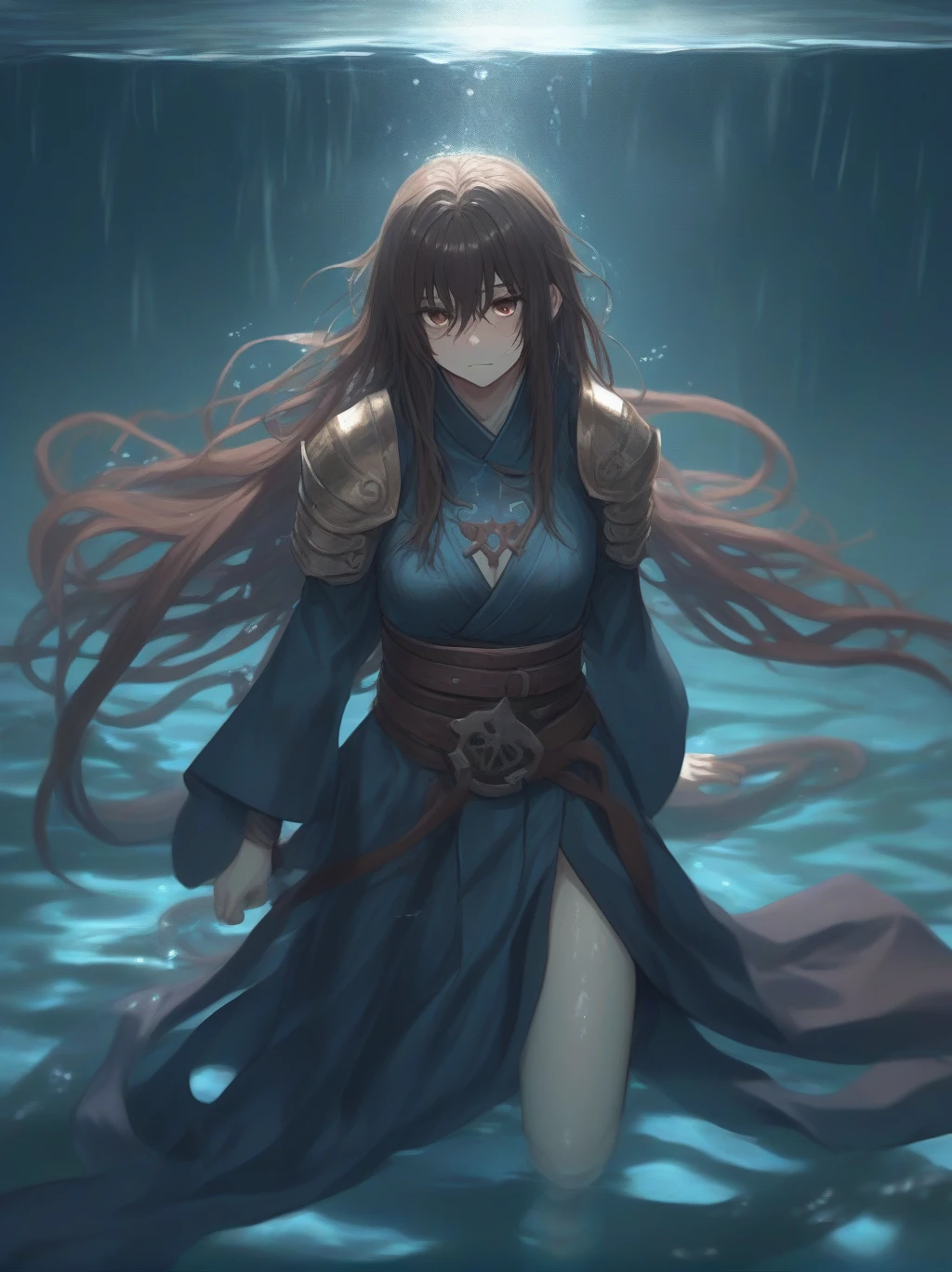 Partially underwater,最high quality,high quality, , Long Hair, Brown Hair, Wet Hair, Flat Chest,Dark underground labyrinth,No light,Cloth armor,Equipped with a dagger and a shield,Face above water,Body in water, Underwater Photography,The robe rolls up due to buoyancy,Painful face、My leg is pulled by tentacles、Being dragged into the water、Go wild