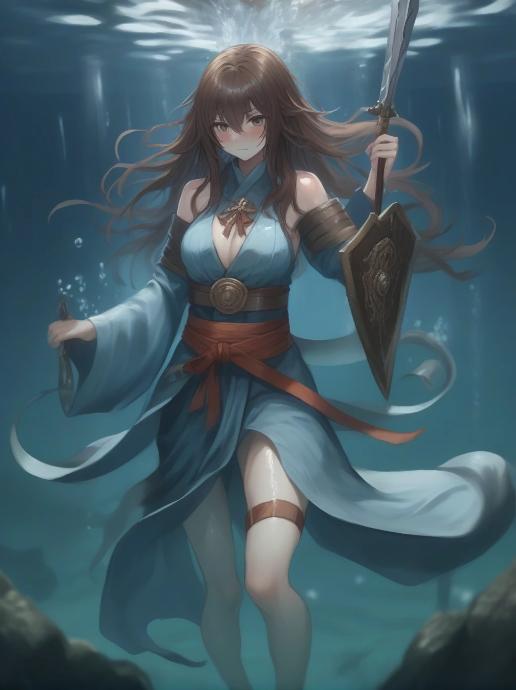 Partially underwater,最high quality,high quality, , Long Hair, Brown Hair, Wet Hair, Flat Chest,Dark underground labyrinth,No light,Cloth armor,Equipped with a dagger and a shield,Face above water,Body in water, Underwater Photography,The robe rolls up due to buoyancy,Painful face、My leg is pulled by tentacles、Being dragged into the water、Go wild