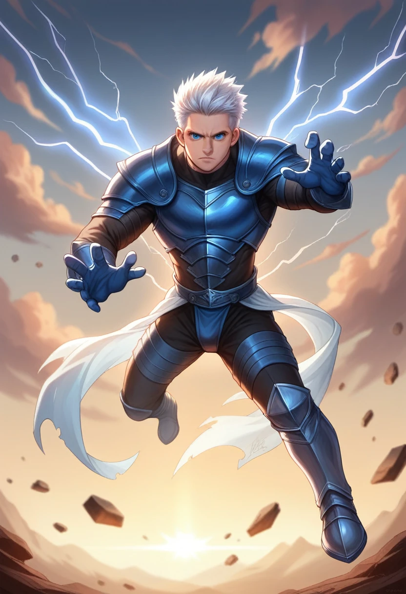 male warrior, full-body, muscular man, descending with electric power from the sky, short white hair, blue cat eyes, white and blue armor, white armor with silver filigree, lightning god, floting in the sky, warrior king in white armor, spikey white hair, syle: sakimichan, zumi, artstation, unreal engine, final fantasy, pixar, unity, daz studio, best quality, photorealistic, 8k, high res, (skindentation), (professional lighting), gorgeous, (looking at the camera), photorealistic, (bokeh), (dynamic pose:1.2), masterpiece, intricate, realistic, sharp focus, award-winning photograph, closeup portrait,1man, detailed face, beautiful detailed eyes, shiny lips, short spikey hair, looking at viewer, full-body, masterpiece, best quality, ultra-detailed, Adult Gohan 1boy, solo, Full body, serious expression, white hair, spiked hair, blue eyes, dougi, full body, looking at viewer, descending from the sky, flying in the sky, lighting all around him in the sky and rocks rising up, rubble rising, floating in the sky, lighting all around, 