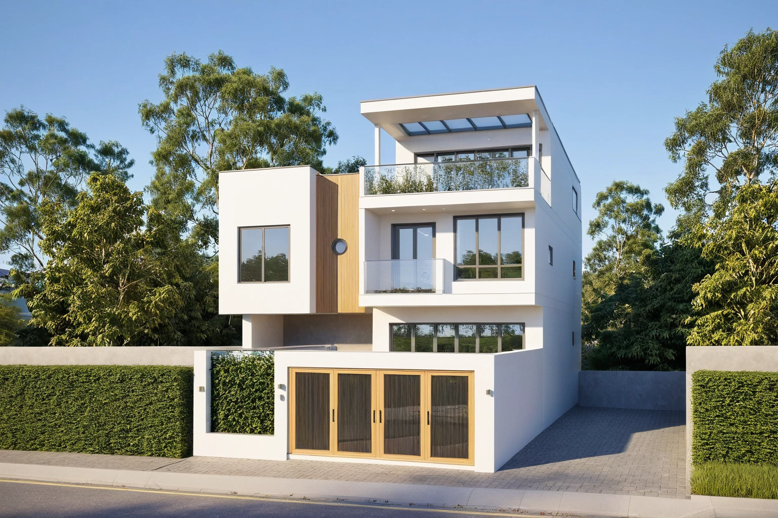 Raw photo,Masterpiece, high quality, best quality, authentic, super detail,
exterior, outdoors, house style modern on the street, glass windows, gate, wooden ceiling,
road,pavement, trees, sky, cloud, (daylight:1.1)