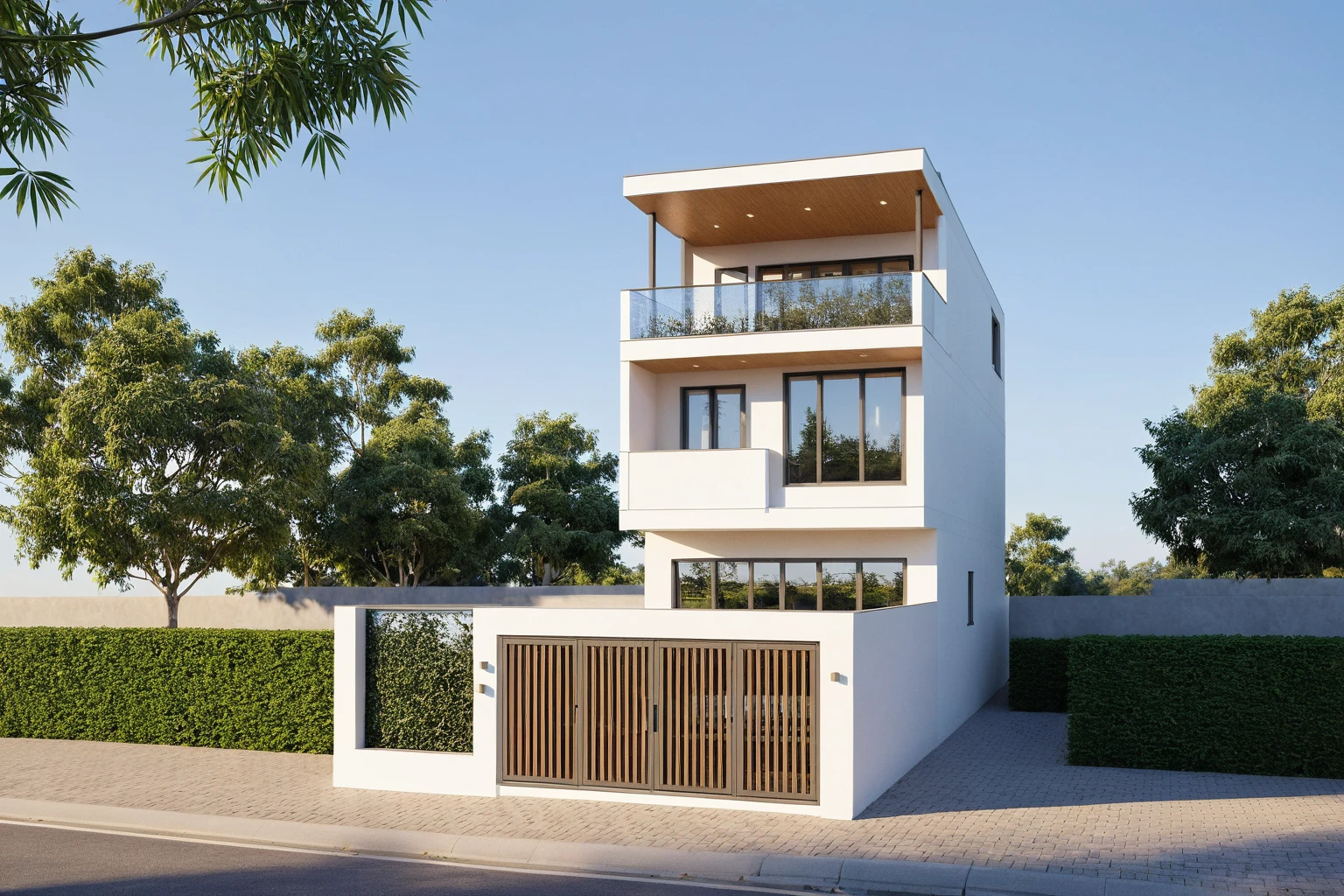 Raw photo,Masterpiece, high quality, best quality, authentic, super detail,
exterior, outdoors, house style modern on the street, glass windows, gate, wooden ceiling,
road,pavement, trees, sky, cloud, (daylight:1.1)