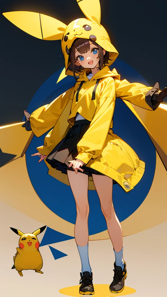 Thick Coating, young, かわいいgirl, Brown Hair, short hair,Pikachu's ears, Yellow clothes, Very short poncho,  A short black skirt underneath, blue eyes,virtual,girl,whole body,upright,Place your arms at your sides,Place your hands on the side of your body.,front,Simple Background,girl,Open your mouth,blue eyes,smile,virtualユーチューバー,Standing upright,Very young,whole body,Look straight ahead,frontを向く,front写真,Arms straight down
