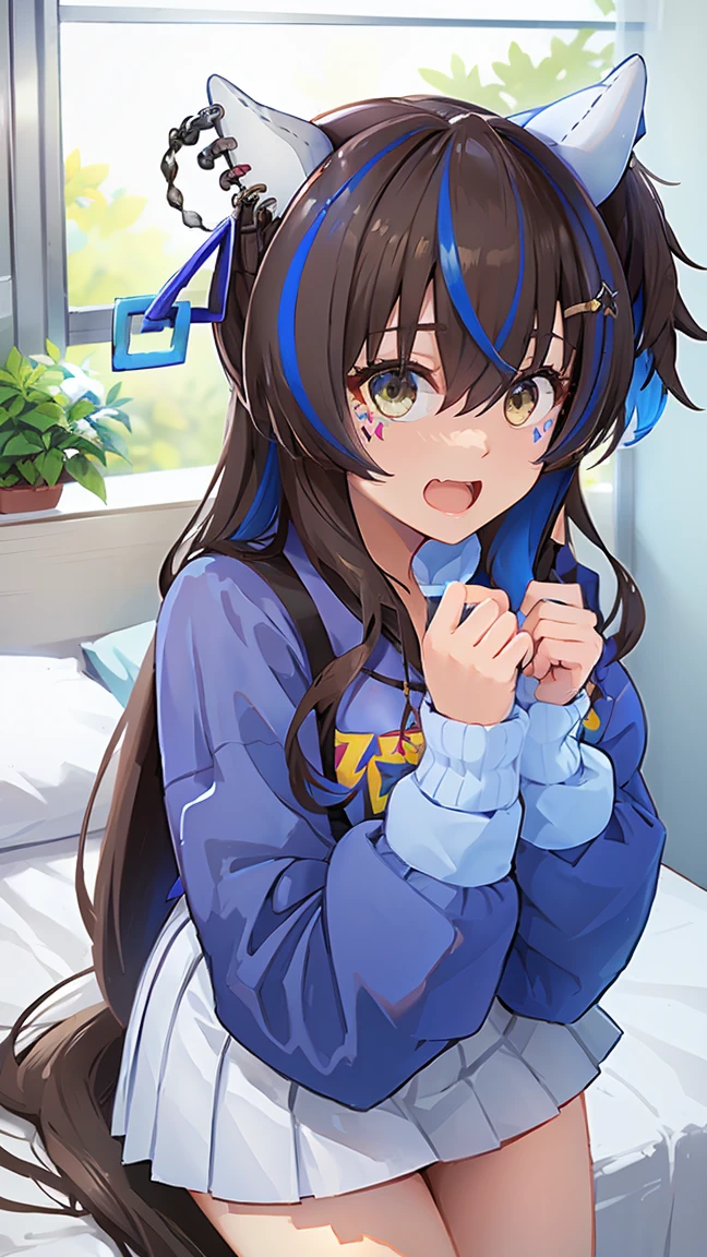 masterpiece, Highest quality, High resolution, Very detailed,(((Daitaku Helios))), (((Face scared of thunder。))), (((Light blue long sleeves))), White mini skirt, bed