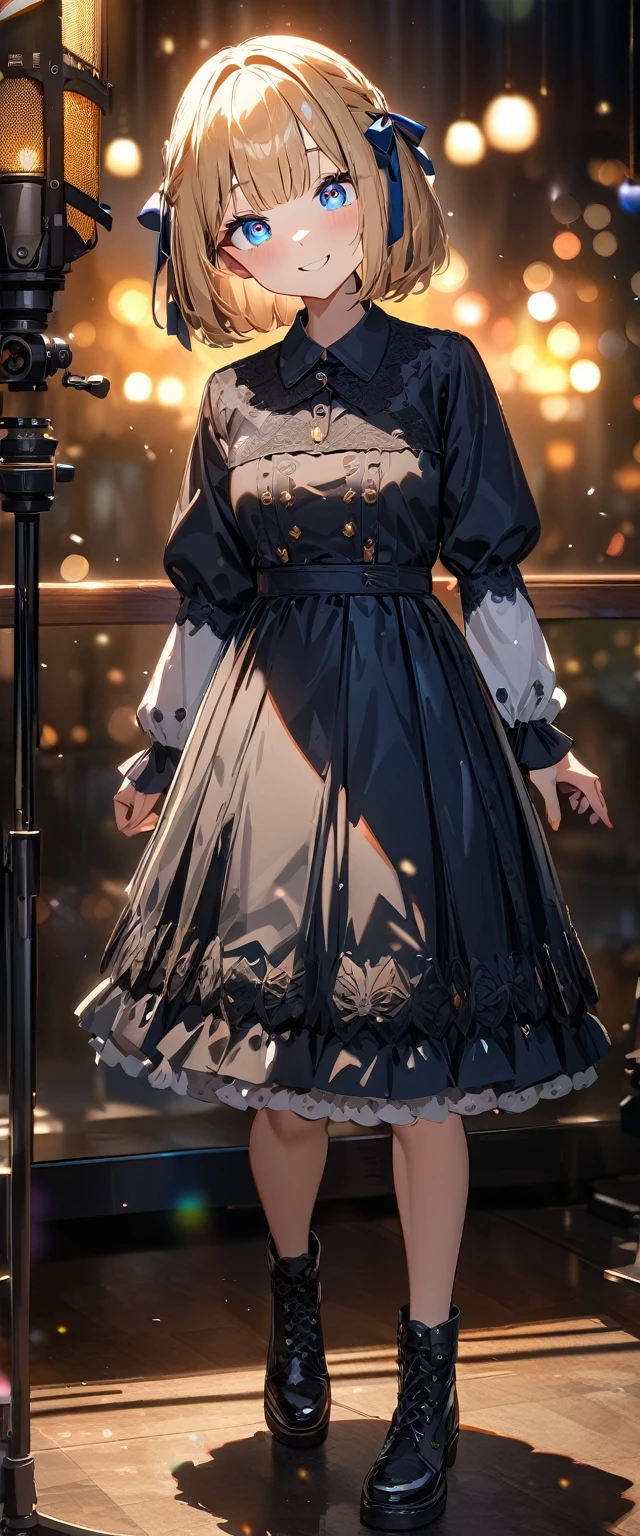 (((One girl))), Shibuya, blond hair, bob cut, (looking at viewer), full body, breasts, ager, head tilt:1.3, (((blue eye))), constricted pupils, (from side:1.3), ((happy smile)), gothic loli.3, hair ornament, hair ribbon, anime style, (best quality, 4k, 8k, highres, masterpiece:1.2, ultra-detailed, ultra-detailed eyes, HDR, UHD, studio lighting, ultra-fine painting, sharp focus, physically-based rendering, extreme detail description, professional, vivid colors, bokeh)