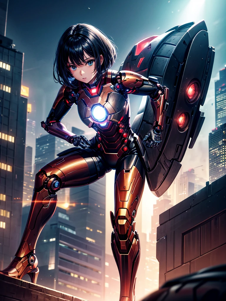 Highest quality,Highest Resolution,beautiful girl,Black Iron Man-like android,metallic,Mechanic,cyborg,Future city at night,Short black hair,whole body,Ride on a futuristic machine and drive,Move,