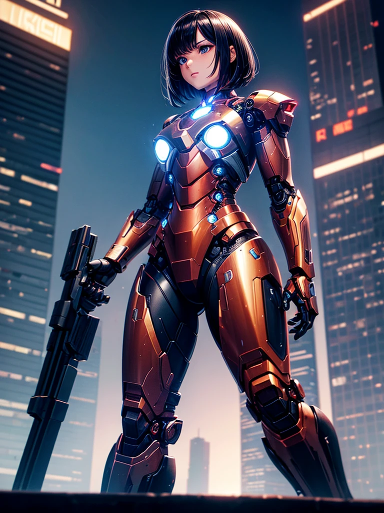 Highest quality,Highest Resolution,beautiful girl,Black Iron Man-like android,metallic,Mechanic,cyborg,Future city at night,Short black hair,whole body,Ride on a futuristic machine and drive,Move,