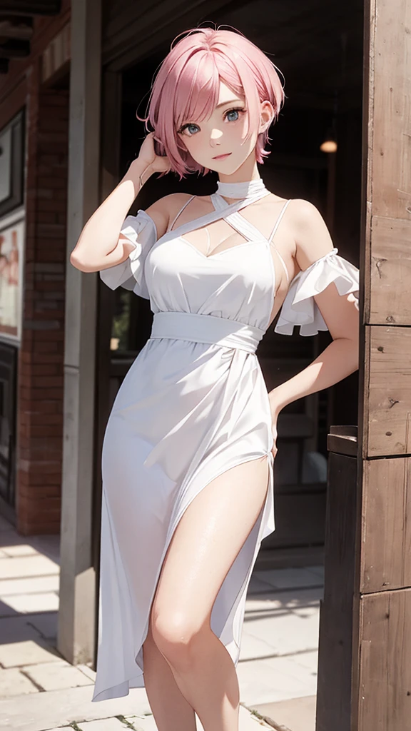 Alcanevi, A woman with medium-short pink hair wearing a white dress, Woman's face, Unreal Engine Character Art, Portraiture