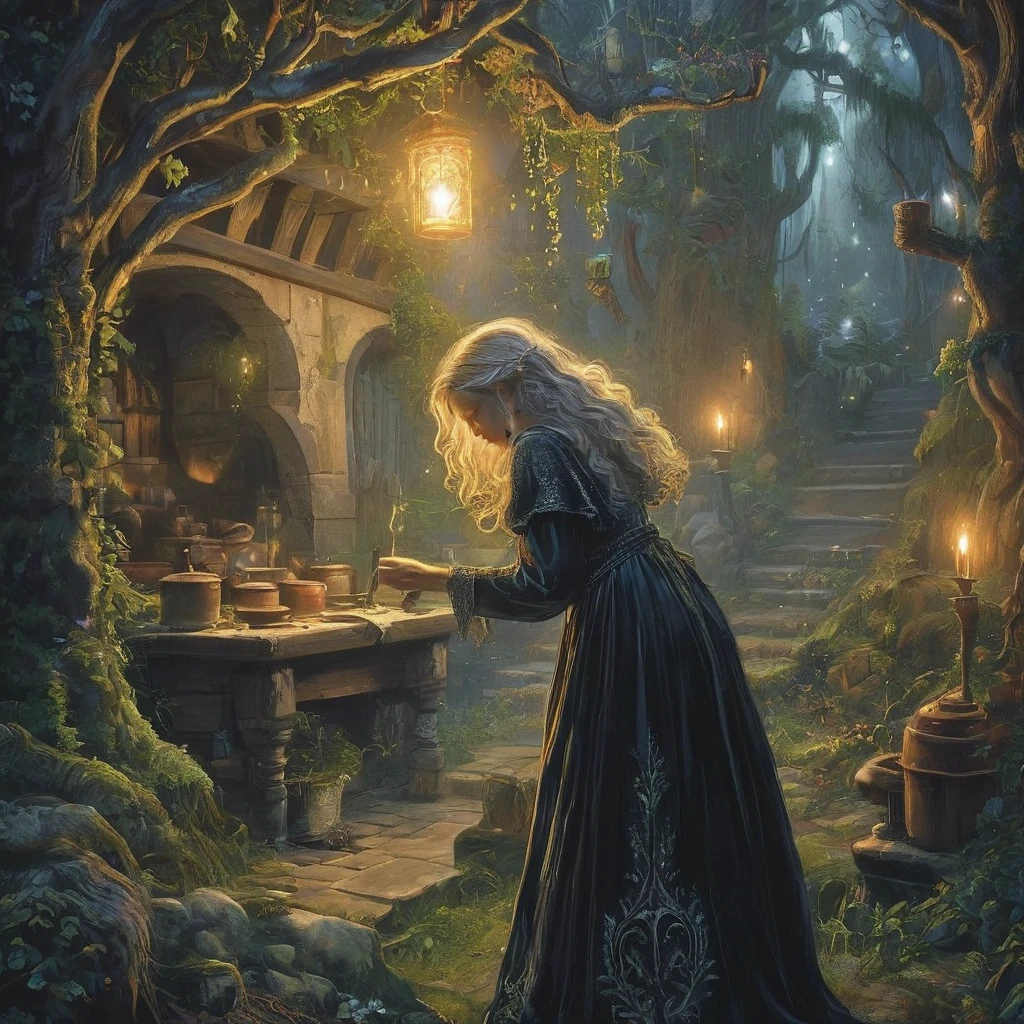 In the quiet solitude of a secluded cottage nestled deep within the shadowed woods, a back view of a young girl with short, curly white hair stands before a crackling hearth. Dressed in a black medieval gown adorned with intricate silver embroidery that glimmers faintly in the firelight,
The kitchen around her is quaint yet filled with an air of ancient mystique. Shadows dance along the stone walls, casting elongated silhouettes of herbs and potions hanging from the rafters. The aroma of simmering herbs and spices blends with the faint scent of arcane ingredients, hinting at her proficiency in both culinary arts and alchemy.
Outside the cottage, the forest murmurs with secrets, its towering trees cloaked in the eerie hues of twilight. The girl's task is not merely to prepare a meal but to craft a potion of protection or brew a remedy against the dark enchantments that threaten the realm. Each ingredient she adds is chosen with precision, each stir infused with a touch of magic passed down through generations.
As she works, her thoughts drift to the tales whispered by elders—a prophecy yet to unfold, a destiny entwined with the ancient powers that pulse beneath the surface of the world. Her journey, though solitary, is imbued with purpose and determination, for within her lies the potential to tip the balance between light and shadow in this realm of medieval dark fantasy.