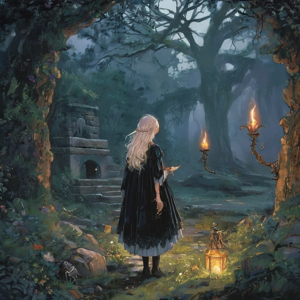 back view, giant dead tree, dark, dark atmosphere,  from the back ((girl in Blue zipped up down winter jacket and black turtleneck )) and (jeans) and blue gloves and (((blue winter hat)))) in a lotus pose in front of giant dead treel, tropical forest, night, adult, [Nordic], Hourglass elongated fitness body, perfect Olive skin, Rounded shoulders, perfect hand,  (Short blonde Waves pixie hair), long slim fitness legs, graphic style of novel comics, perfect hands, 2d, 8k, hyperrealism, masterpiece, high resolution, best quality, ultra-detailed, super realistic, Hyperrealistic art, high-quality, ultra high res, highest detailed, lot of details, Extremely high-resolution details, incredibly lifelike, colourful, soft cinematic light,