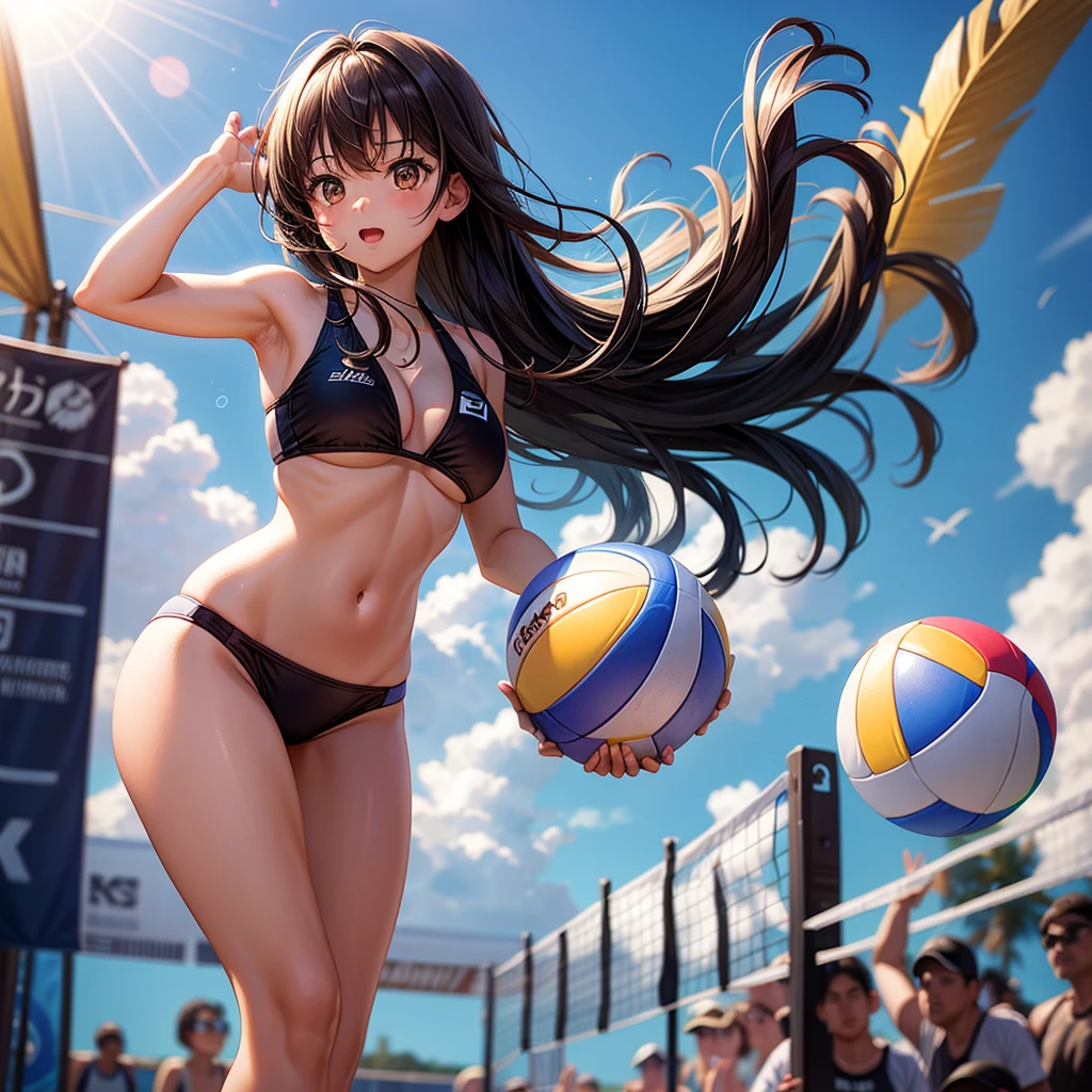solo / one girl / / Brown eyes, long dark hair, / big tits / girl with、lighting like a movie、The bikini、beachvolley、beach volley ball、spring、jump、、jump、shout out、