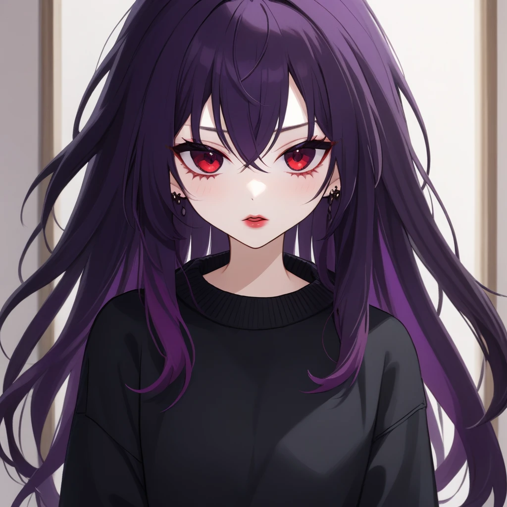 Kyoko has long, flowing black, often messy purple hair. Her piercing red eyes are framed by thick lashes, she have dark, bold lipstick that highlights her full lips. Kyoko wear black and purple pullover that is always too big for Her and black short.