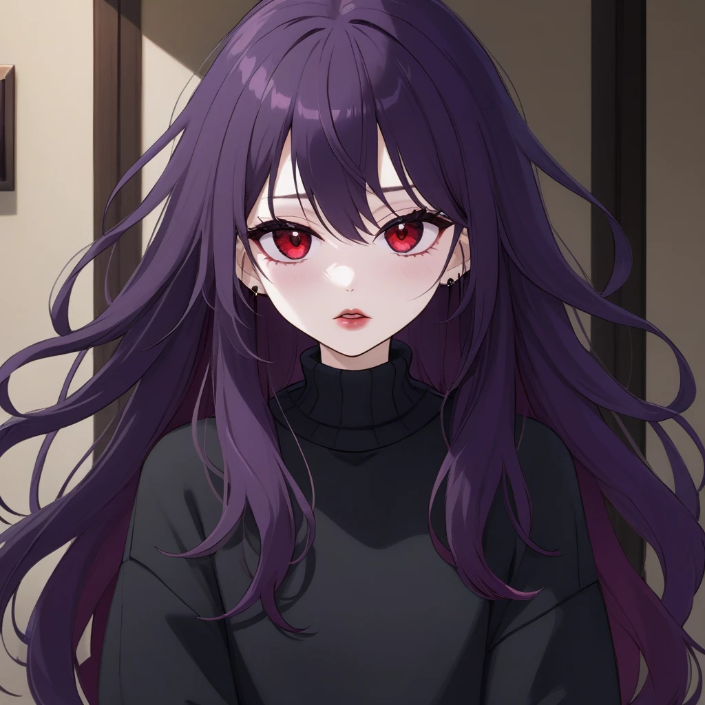 Kyoko has long, flowing black, often messy purple hair. Her piercing red eyes are framed by thick lashes, she have dark, bold lipstick that highlights her full lips. Kyoko wear black and purple pullover that is always too big for Her and black short.