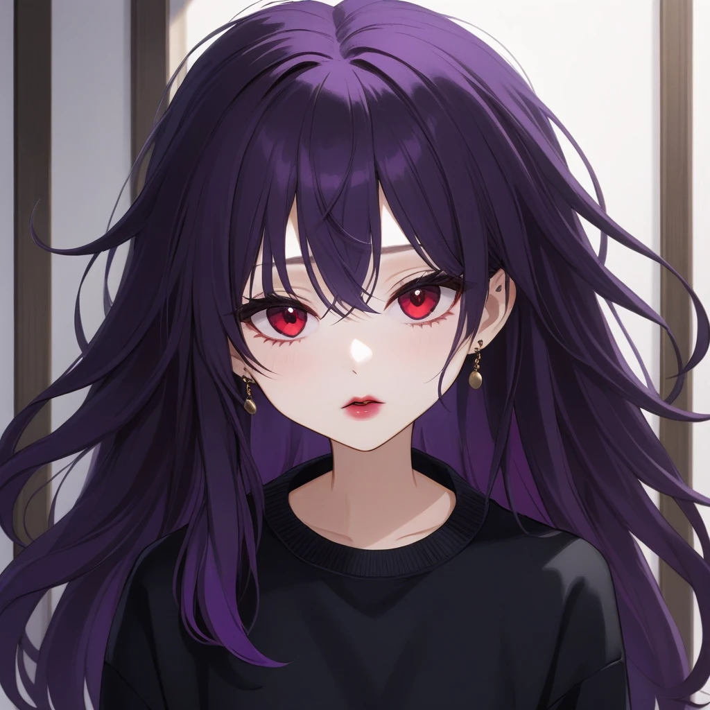 Kyoko has long, flowing black, often messy purple hair. Her piercing red eyes are framed by thick lashes, she have dark, bold lipstick that highlights her full lips. Kyoko wear black and purple pullover that is always too big for Her and black short.