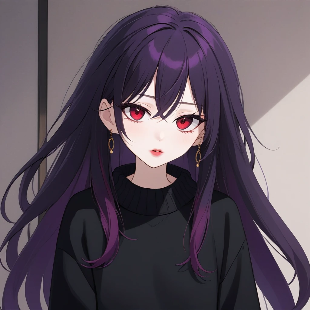 Kyoko has long, flowing black, often messy purple hair. Her piercing red eyes are framed by thick lashes, she have dark, bold lipstick that highlights her full lips. Kyoko wear black and purple pullover that is always too big for Her and black short.