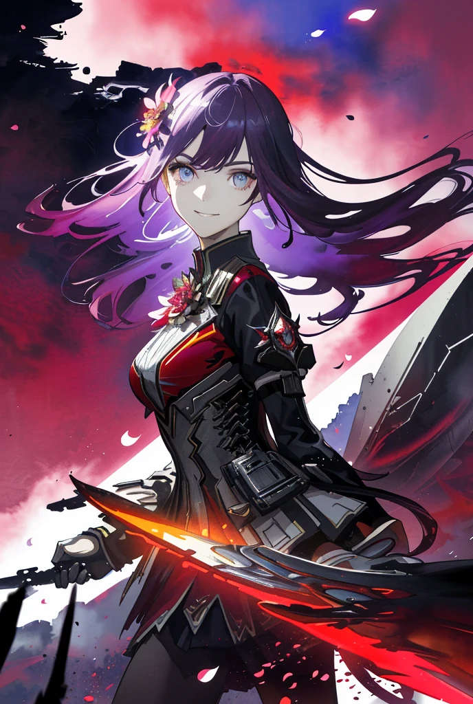 masterpiece, Highest quality, 1 girl, (flashy),(Beautifully detailed eyes and detailed face),cinematic Lighting,Bust Shot,Highly detailed CG Unity 8k wallpaper,In white,alone,smile,Complex skirt,((Flying petals)),(Flower meadow) null, cloudy_null, building, board memberLight, board member, evening, (Dark Theme:1.3), Light, Fancy,,Fancy, High Contrast, Ink strokes, explosion, Exposure, Print in purple and red tones , Abstract, ((Watercolours by John Berkey and Jeremy Mann )) Brushstrokes, Negative Space,Black Pantyhose,Lightセーバー