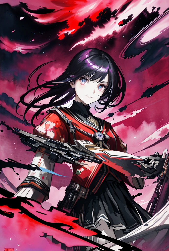 masterpiece, Highest quality, 1 girl, (flashy),(Beautifully detailed eyes and detailed face),cinematic Lighting,Bust Shot,Highly detailed CG Unity 8k wallpaper,In white,alone,smile,Complex skirt,((Flying petals)),(Flower meadow) null, cloudy_null, building, board memberLight, board member, evening, (Dark Theme:1.3), Light, Fancy,,Fancy, High Contrast, Ink strokes, explosion, Exposure, Print in purple and red tones , Abstract, ((Watercolours by John Berkey and Jeremy Mann )) Brushstrokes, Negative Space,Black Pantyhose,Lightセーバー