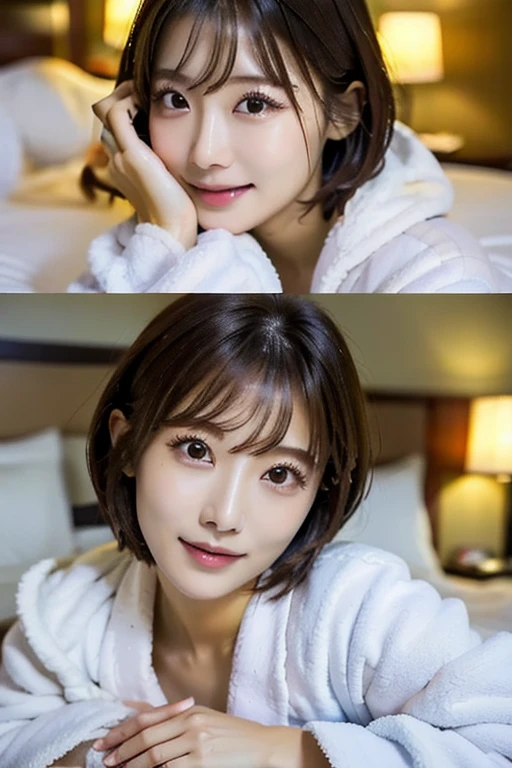 ((Highest quality)), ((masterpiece)), (detailed),female、Japanese、28 years old、((Wearing a white bathrobe))、Hotel Rooms、short hair、Bob Hair、Light Brown Hair、((On the bed))、(After sex)、((I am satisfied))、((Calm expression))、((sleepy))、Moments of Happiness、((Downcast face))、(Wet Hair)、