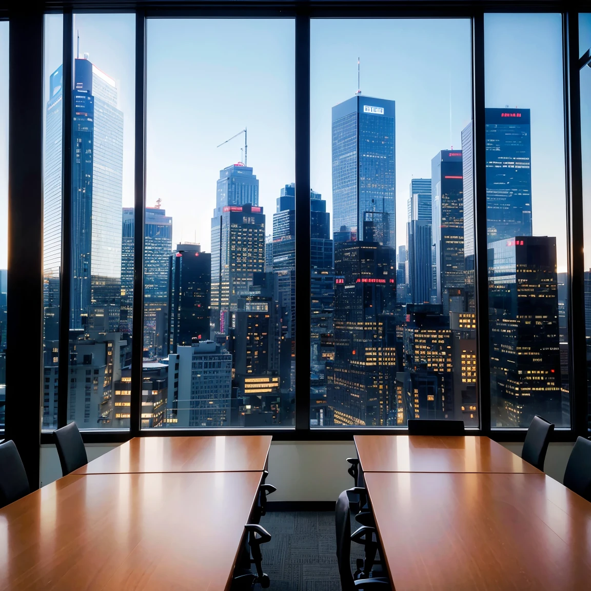 A meeting in a conference room, silhouettes, large windows, skyscrapers outside,