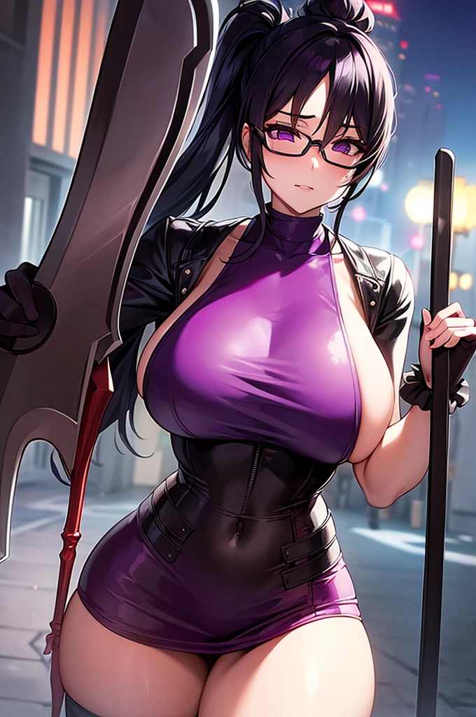 masterpiece,Big Breasts,beauty,Purple glasses,Black Hair,Side Ponytail,Blood,mask,Holding an axe,Standing under a streetlight,night
