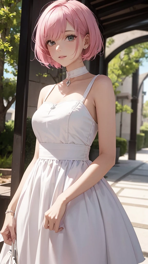 Alcanevi, A woman with medium-short pink hair wearing a white dress, Woman&#39;s face, Unreal Engine Character Art, Portraiture、posing