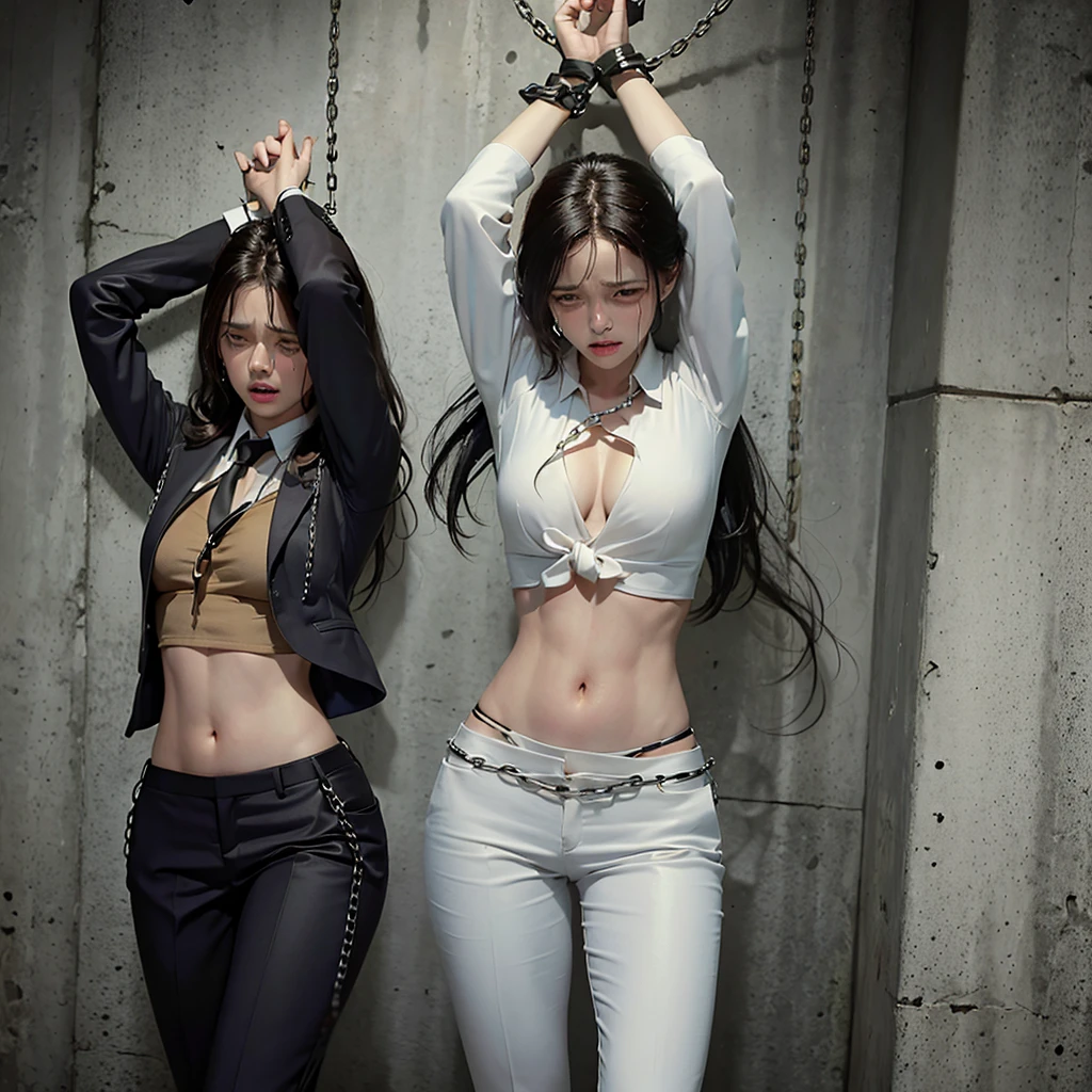Women in Professional crop top suit, pants, walking to work, show belly, realistic bellybutton shape, necktie, ((tied up by chain,arms up,)), ((crying)),