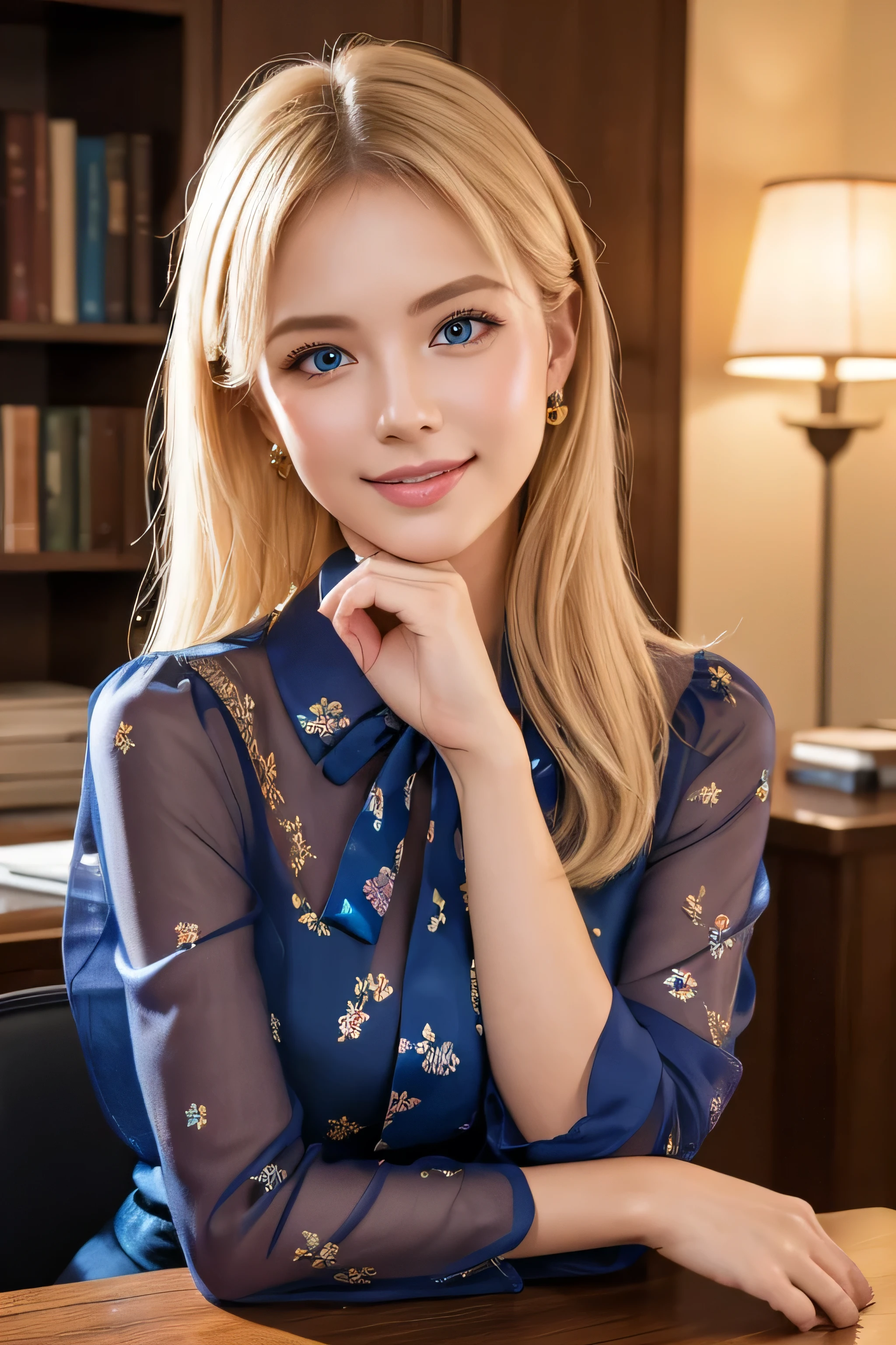 8K,Bushy blonde adult woman,so beautiful(Like the real thing), Big smile, elegant, Long nails, Hairstyle, Beautiful expression,blue eyes, Messy, I am proud, absurdes, Elegant dress,Cowboy Shot, Portraiture, (Highest quality), (Tabletop), (Very detailed), masterpiece,Highest quality photorealistic RAW photos。Backlight, Cinema Lighting, Film Grain, to be born, 50MM lens, Nikon D850,Ultra-Realistic Skin,Fantasy art,Character Art,Ultra-high resolution,Perfect hands,Compensate,wearing Floral blouse with ribbon tie_long see-through sleeves,in the stylish office at night,Place your left hand gently on your chin