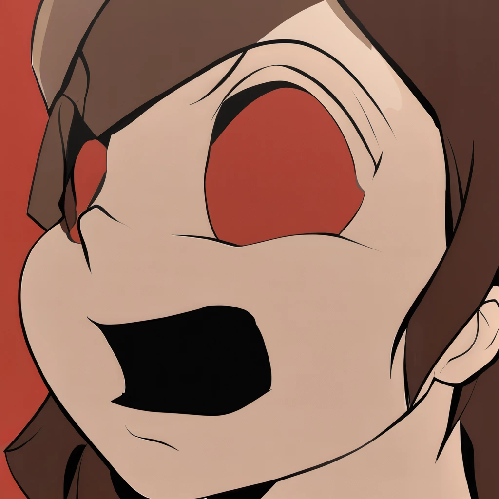 masterpiece, best quality, aokizy, 1girl, flat color, red background, hutao \(genshin impact\) \(cosplay\), twintails, looking at viewer, open mouth, (flower-shaped eyes:1.3), laughing, brown hair, from side, hat, 