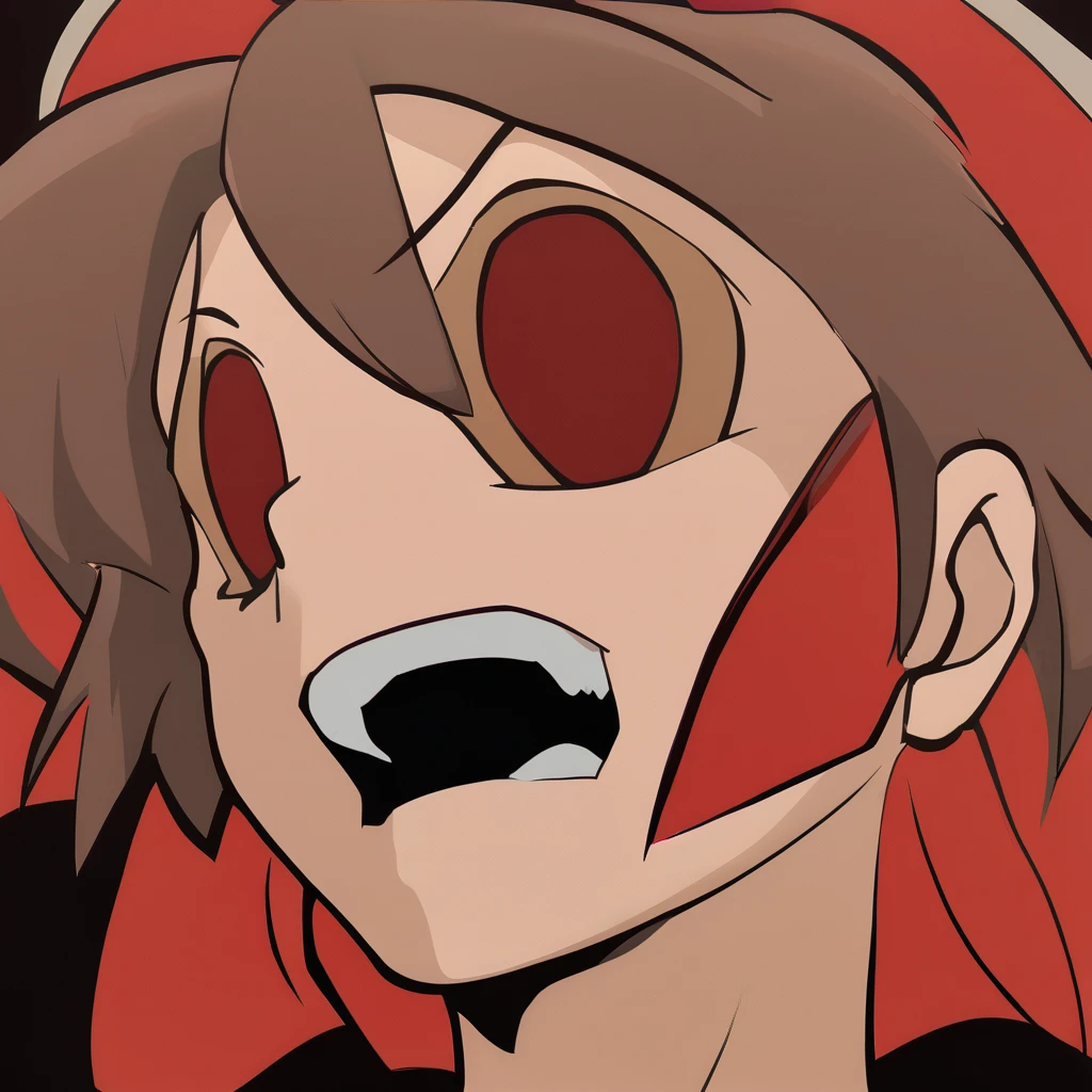 masterpiece, best quality, aokizy, 1girl, flat color, red background, hutao \(genshin impact\) \(cosplay\), twintails, looking at viewer, open mouth, (flower-shaped eyes:1.3), laughing, brown hair, from side, hat,