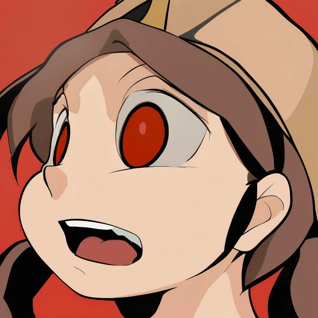 masterpiece, best quality, aokizy, 1girl, flat color, red background, hutao \(genshin impact\) \(cosplay\), twintails, looking at viewer, open mouth, (flower-shaped eyes:1.3), laughing, brown hair, from side, hat, 