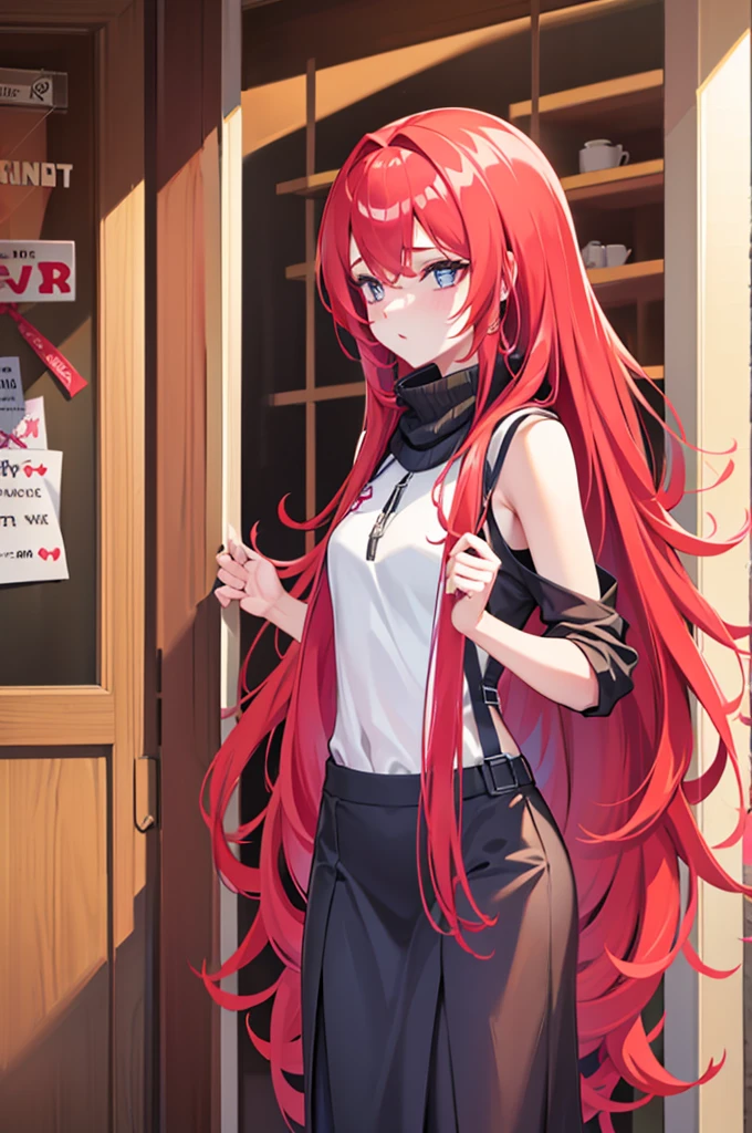 A girl with long red hair is a model of legal age