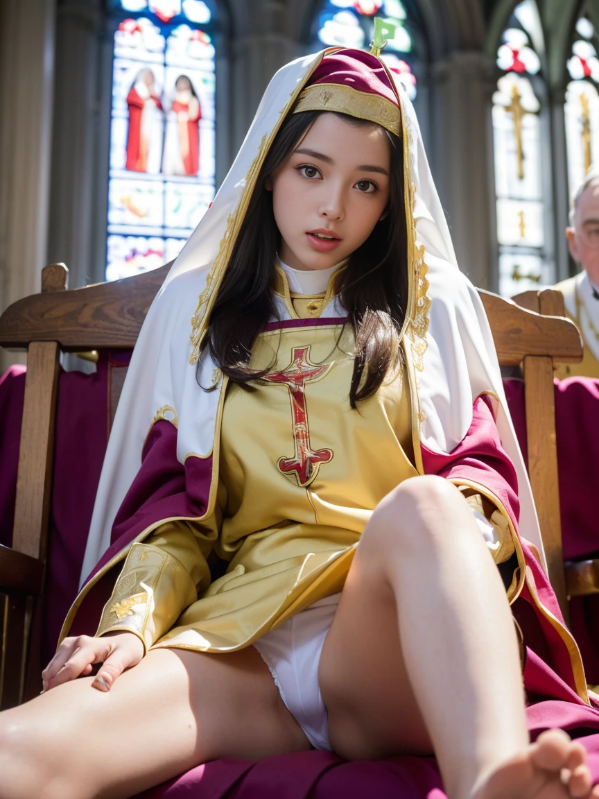 One beautiful European woman、(Blonde)、(With the archbishop in vestments:1.8)、(so beautiful)、(Super beautiful face:1.8)、(Monastic vestments:1.5)、Sitting on a chapel chair with her legs spread、(The body is facing this way:1.2)、(Spread your legs out to the side:1.2)、(Pull up your skirt to show your pants:1.2)、(White panties:1.3)、(barefoot:1.5)、(At S.F.W.:1.5)