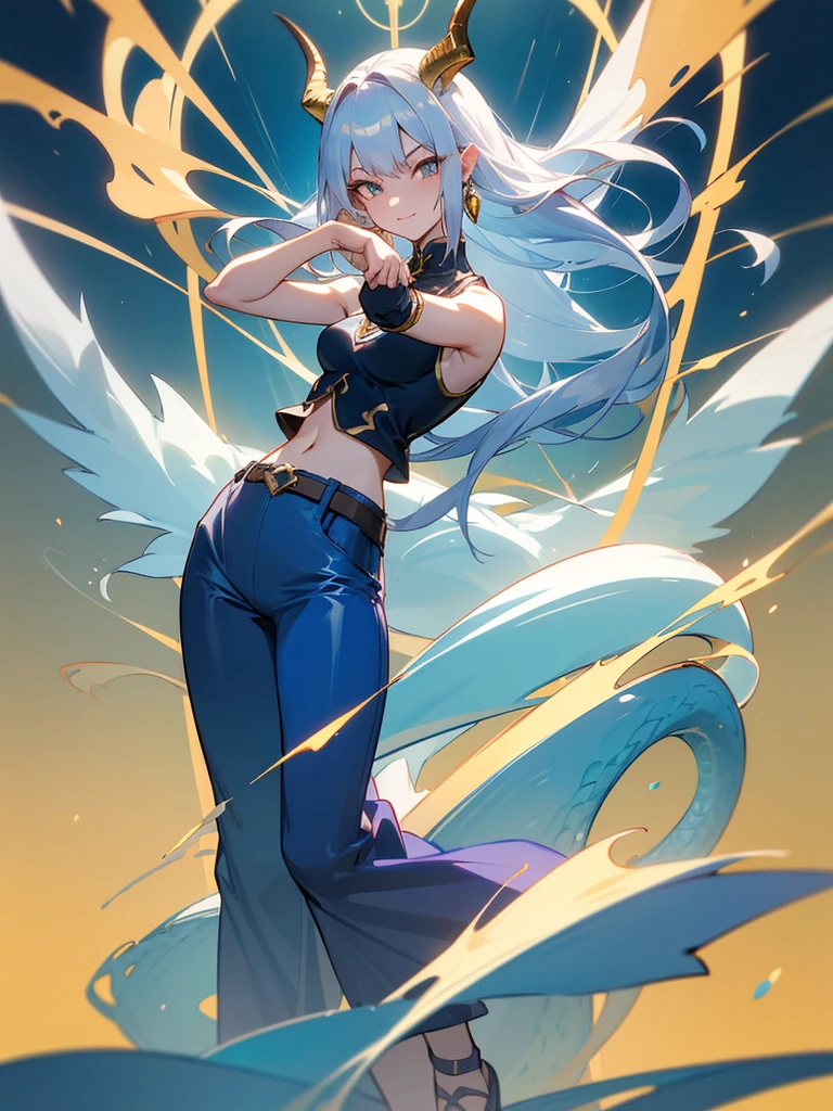 (masterpiece, best quality, 4k, anime:1.2), 1girl, Drakaina, solo, stand confidently, full body, smiling mischievously, long silver hair tied back, sharp golden eyes, pale skin, C-cup breasts, tall, muscular hourglass figure, beautiful six-pack, two beautiful simple golden dragon horns on the head, another set of short golden dragon horns under the ears, sharp golden dragon claws, dragon tail resemble light blue steel, dragon wings resemble light blue steel, blue pear earrings, light blue gemstone necklace with golden dragon phoenix pendant, white sleeveless crop top, ivory trousers, dark blue leather belt, dark blue platform sandals, zerochan art,detailed digital anime art