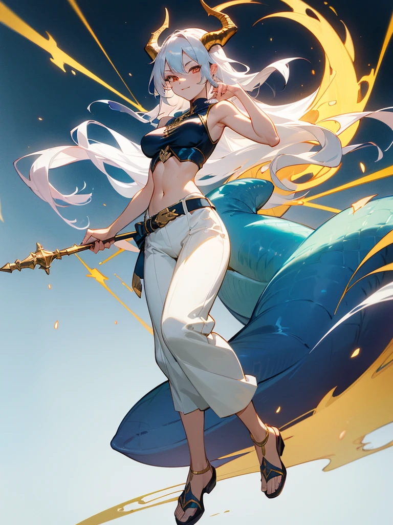 (masterpiece, best quality, 4k, anime:1.2), 1girl, Drakaina, solo, stand confidently, full body, smiling mischievously, long silver hair tied back, sharp golden eyes, pale skin, C-cup breasts, tall, muscular hourglass figure, beautiful six-pack, two beautiful simple golden dragon horns on the head, another set of short golden dragon horns under the ears, sharp golden dragon claws, dragon tail resemble light blue steel, dragon wings resemble light blue steel, blue pear earrings, light blue gemstone necklace with golden dragon phoenix pendant, white sleeveless crop top, ivory trousers, dark blue leather belt, dark blue platform sandals, zerochan art,detailed digital anime art