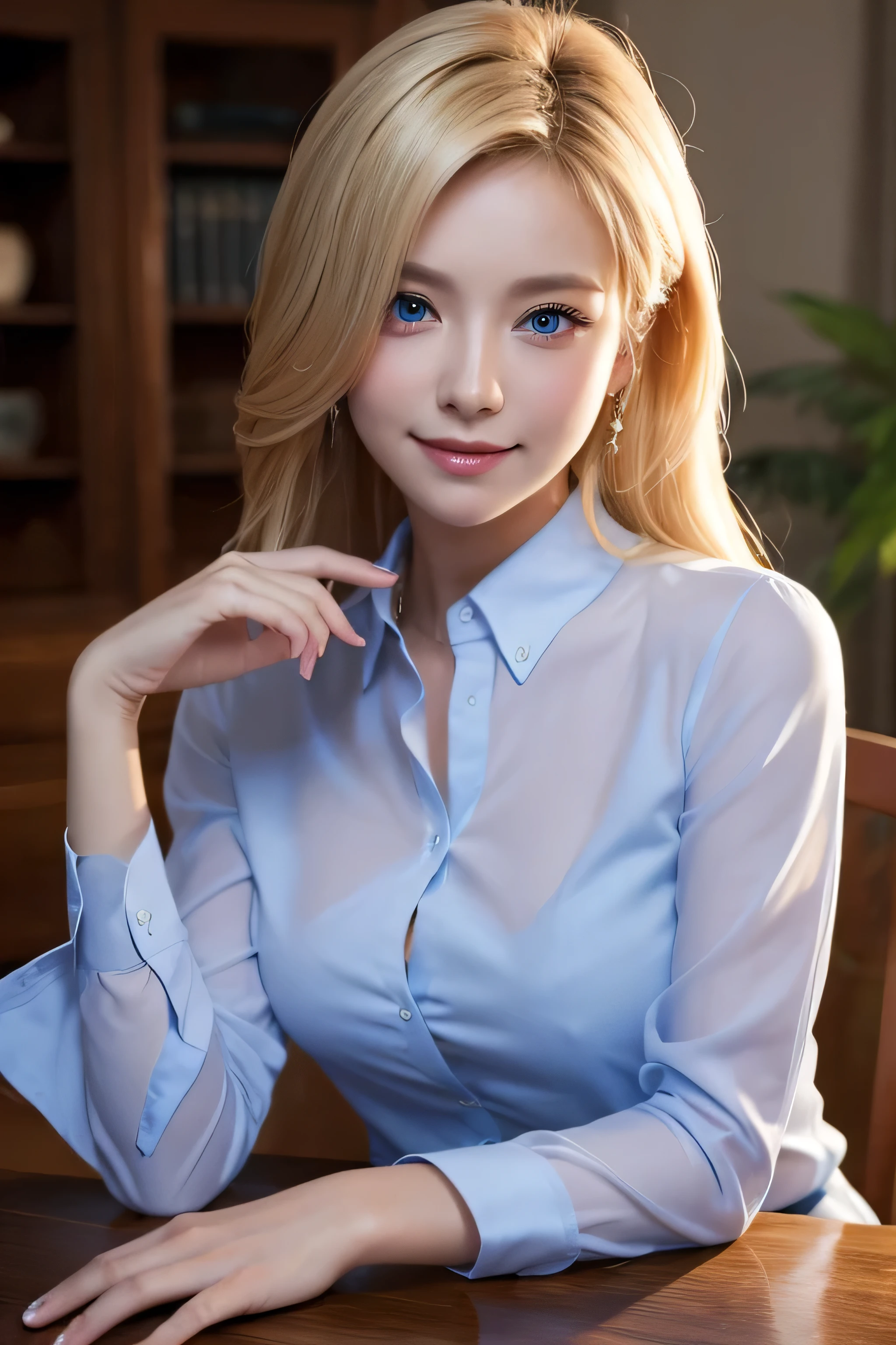portlate、Faithfully reproduces school uniforms、Thin shirt of fabric:1.3、Young shiny shiny white shiny skin、Best Lookronde Reflection Light、Silky platinum blonde hair with dazzling highlights、shiny light hair、Super long silky straight hair、Beautiful bangs that shine、Glowing crystal clear attractive big blue eyes、Very beautiful nice cute girl、Lush bust、poneyTail、​masterpiece、top-quality、hight resolution、extremely detailed photo、Ultra-realistic:1.3、profetional lighting、Take a photo and pose、Innocent smile、