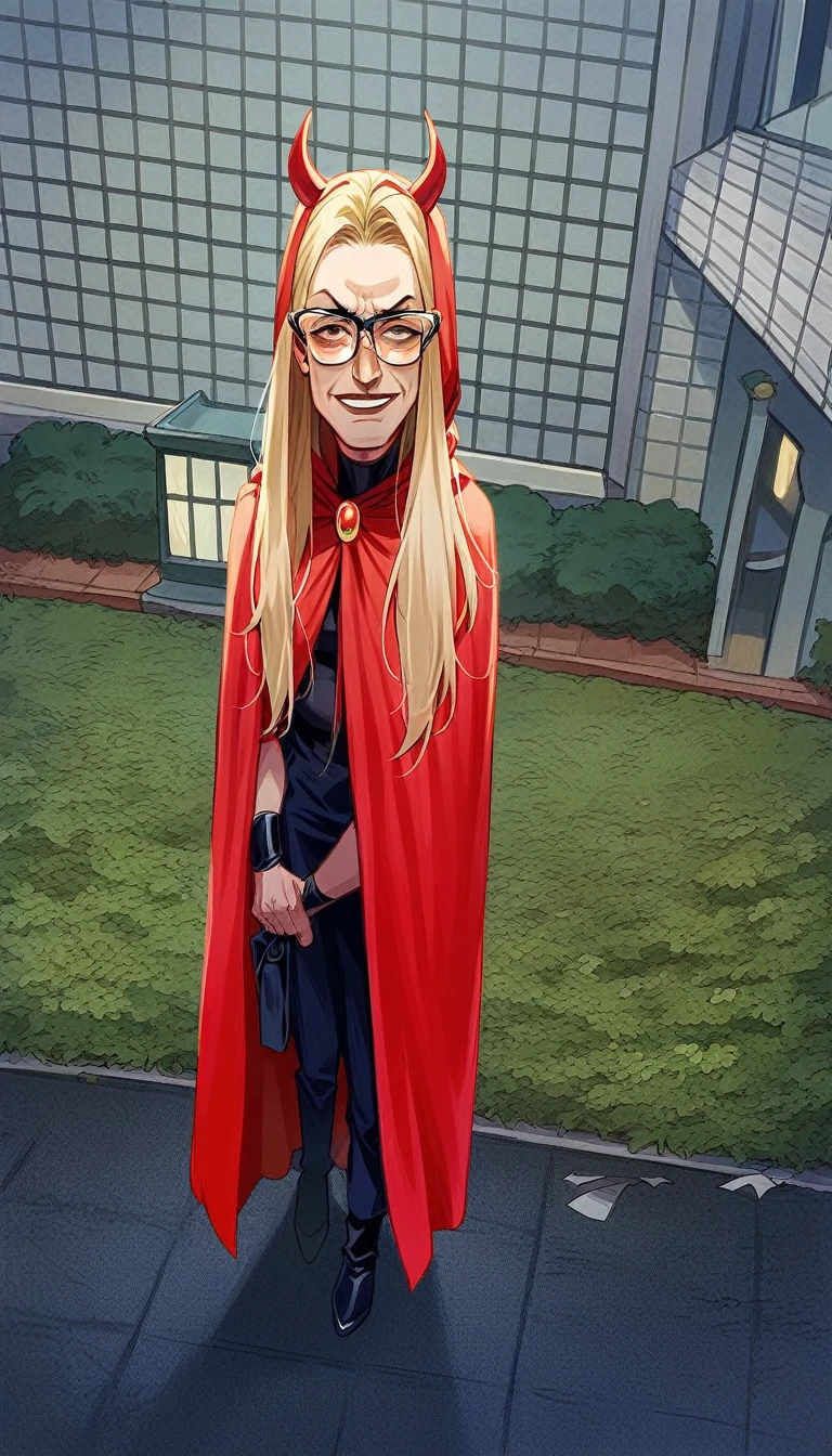 Arafed girl with a red cape and glasses standing on a sidewalk, in a halloween style, cheeky devil, dressed like an oracle, dressed in a beautiful red cape, wearing a costume, in an elegant dress, wearing a red cape, by Juliette Wytsman, long red cape, por Helen Stevenson, devil horns, by John Wilson, by Ben Thompson