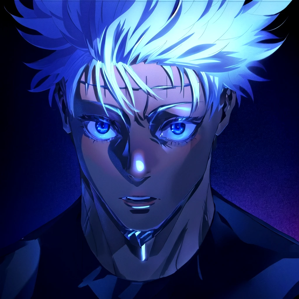 solo, looking at viewer, short hair, open mouth, 1boy, male, white hair, blue eyes,focus, parted lips, letterboxed, portrait,Jujutsu Kaisen,jjk,Gokuryo_style