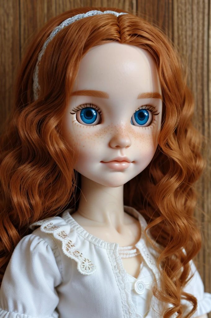 blythe the doll with wavy ginger hair, blue eyes, freckles and pale skin