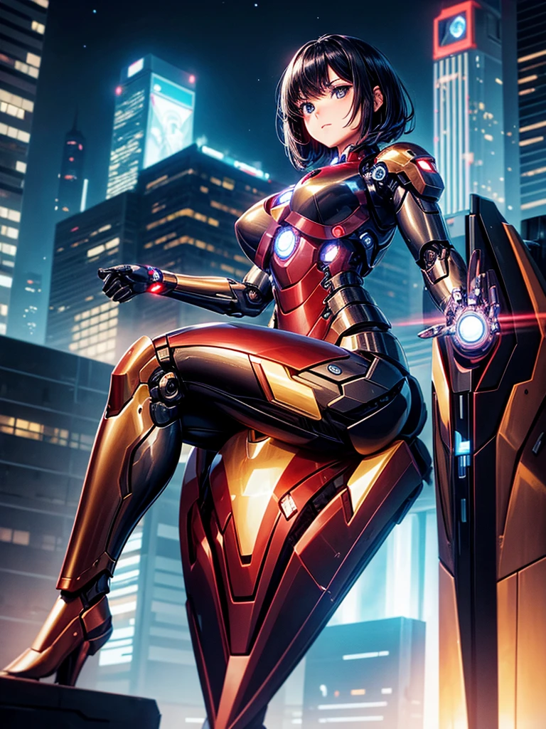 Highest quality,Highest Resolution,beautiful girl,Black Iron Man-like android,metallic,Mechanic,cyborg,Future city at night,Short black hair,whole body,Ride on a futuristic machine and drive,Move,