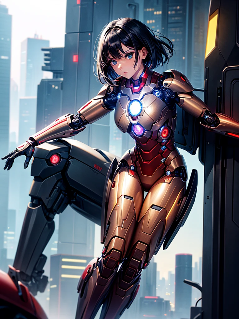 Highest quality,Highest Resolution,beautiful girl,Black Iron Man-like android,metallic,Mechanic,cyborg,Future city at night,Short black hair,whole body,Ride on a futuristic machine and drive,Move,