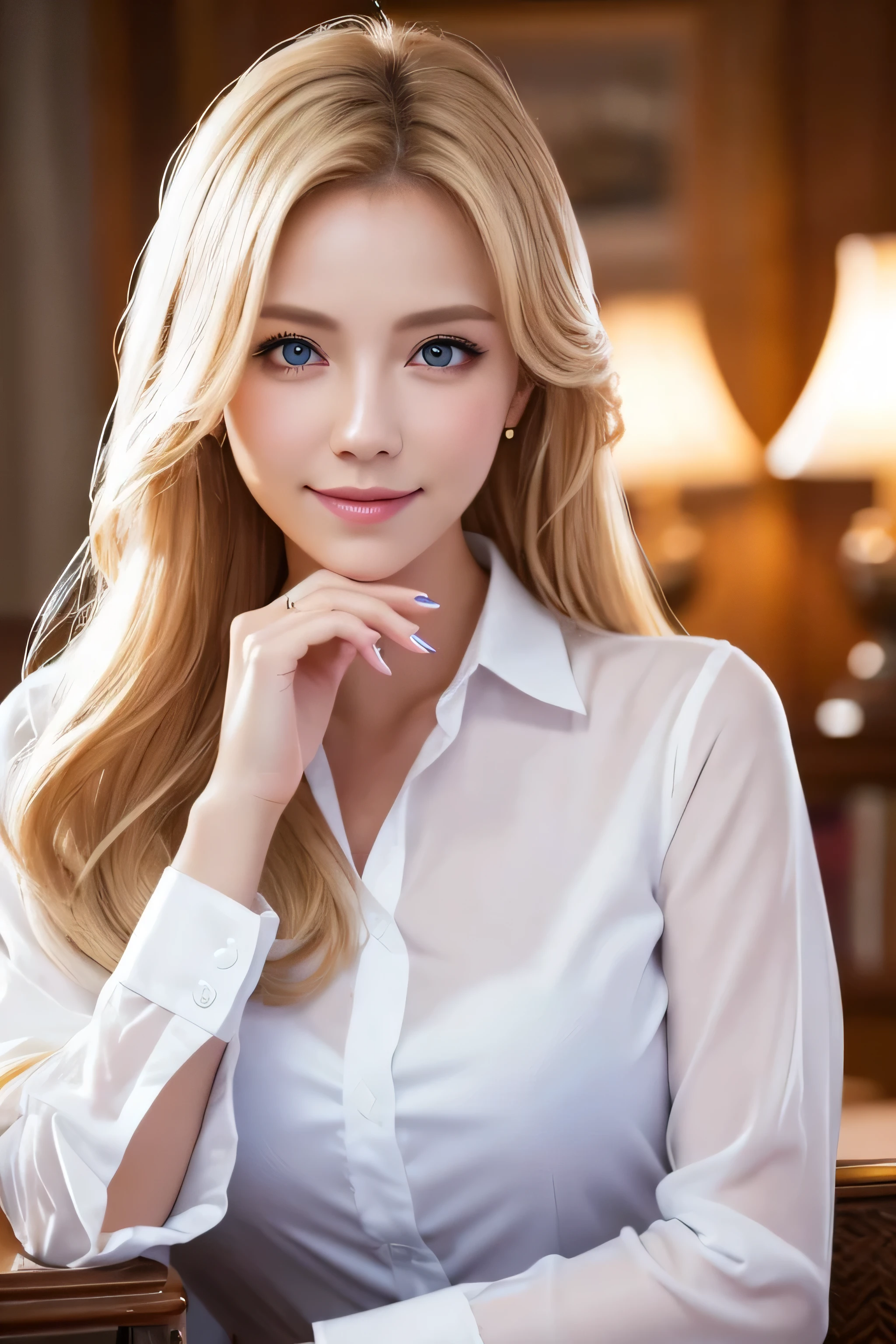 8K,Bushy blonde adult woman,so beautiful(Like the real thing), Big smile, elegant, Long nails, Hairstyle, Beautiful expression,blue eyes, Messy, I am proud, absurdes, Elegant dress,Cowboy Shot, Portraiture, (Highest quality), (Tabletop), (Very detailed), masterpiece,Highest quality photorealistic RAW photos。Backlight, Cinema Lighting, Film Grain, to be born, 50MM lens, Nikon D850,Ultra-Realistic Skin,Fantasy art,Character Art,Ultra-high resolution,Perfect hands,Compensate,wearing a white classy Button shirt_long see-through sleeves,in the stylish office at night,Place your left hand gently on your chin