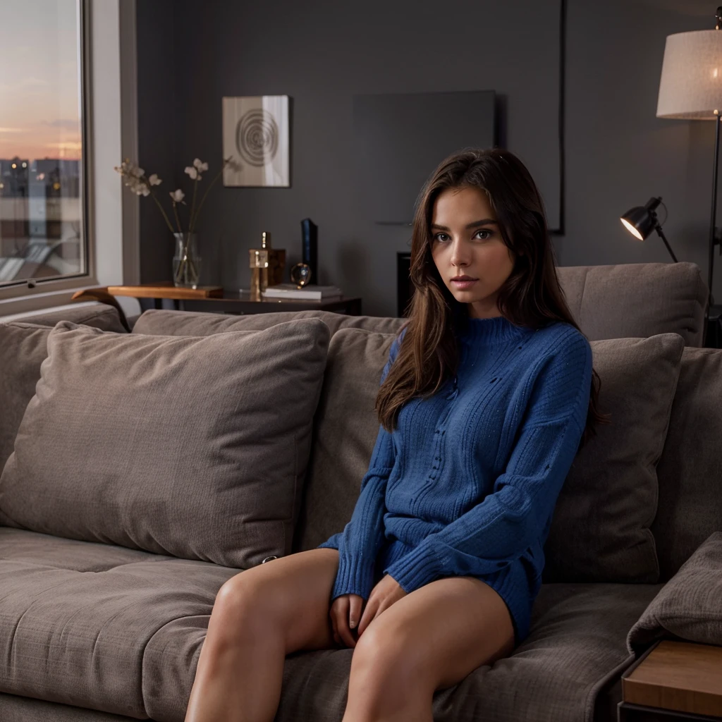 Female supermodel. Cute, adorable. Royal blue sweater. Sitting on gray sofa. Living room. Dark, soft lighting. Sunset.