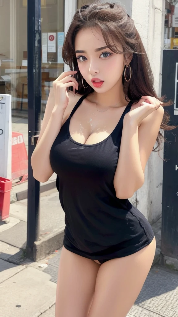 ((Best Quality, 8K, Masterpiece: 1.3)), perfect e-girl makeup, sexy tank top that emphasize perfect cleavage, amazing breast enhancement, refresh, hard blushing, perfect long strong winged eyeliner, perfect cleavage, big breasts, wants your cum on her breasts, squeeze arms, shocked expression, mouth open, jaw drop, tongue out, perfect breast shape, chubby chin, cute face, red lips, beautiful eyes detail