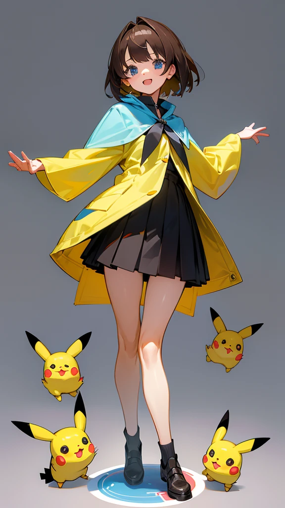 Thick Coating, very young, かわいいgirl, Brown Hair, short hair,Pikachu's ears, Yellow clothes, Very short poncho,  A short black skirt underneath, blue eyes,virtual,girl,whole body,upright,Place your arms at your sides,Place your hands on the side of your body.,front,Simple Background,girl,Open your mouth,blue eyes,smile,virtualユーチューバー,Standing upright,Very young,whole body,Look straight ahead,frontを向く,front写真,Arms straight down,Low life-size,Look straight ahead,Be careful straight