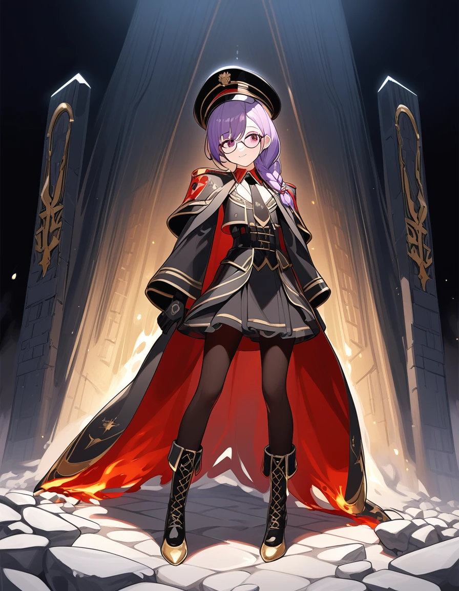realisitic, City Deserted, Pile of rubble, Brick building, a one woman (18 years old, far away blackw hair, far away slits, Eyes red, glare eyes, 精致的面容, standing (In floor, feet shoulder-width apart), Lolita style military uniform (blackw base, Red Insert, golden decoration, volantes, wide sleeves, dainty and delicate detailing armors), blackw far away gloves (blackw, Red Insert, golden decoration, small hands, armors), blackw far away gloves, knee high boots (blackw, high-heels, red soles), ha (blackw, aba dourada, shield emblem, delicate details), arms in front, Front of belly, Holding military swords with both hands (blackw, golden decoration, delicate detail, Handle at the top, Ground-facing blade, in front of the body, far away), night sky (blackw, stele, Increased flames and smoke), Pale painting style, One Girl, super high quality, Super Detail, Super Detailed image, long hair, looking at viewer, skirt, shirt, hair ornament, violet eyes, gloves, round glasses, long sleeves, hat, closed mouth, jacket, violet hair, braid, open clothes, necktie, black gloves, black skirt, uniform, single braid, open jacket, black jacket, black headwear, 手链, peaked cap, black necktie, cropped jacket, military hat, pantyhose, Flat Chest, smile, Black Cape