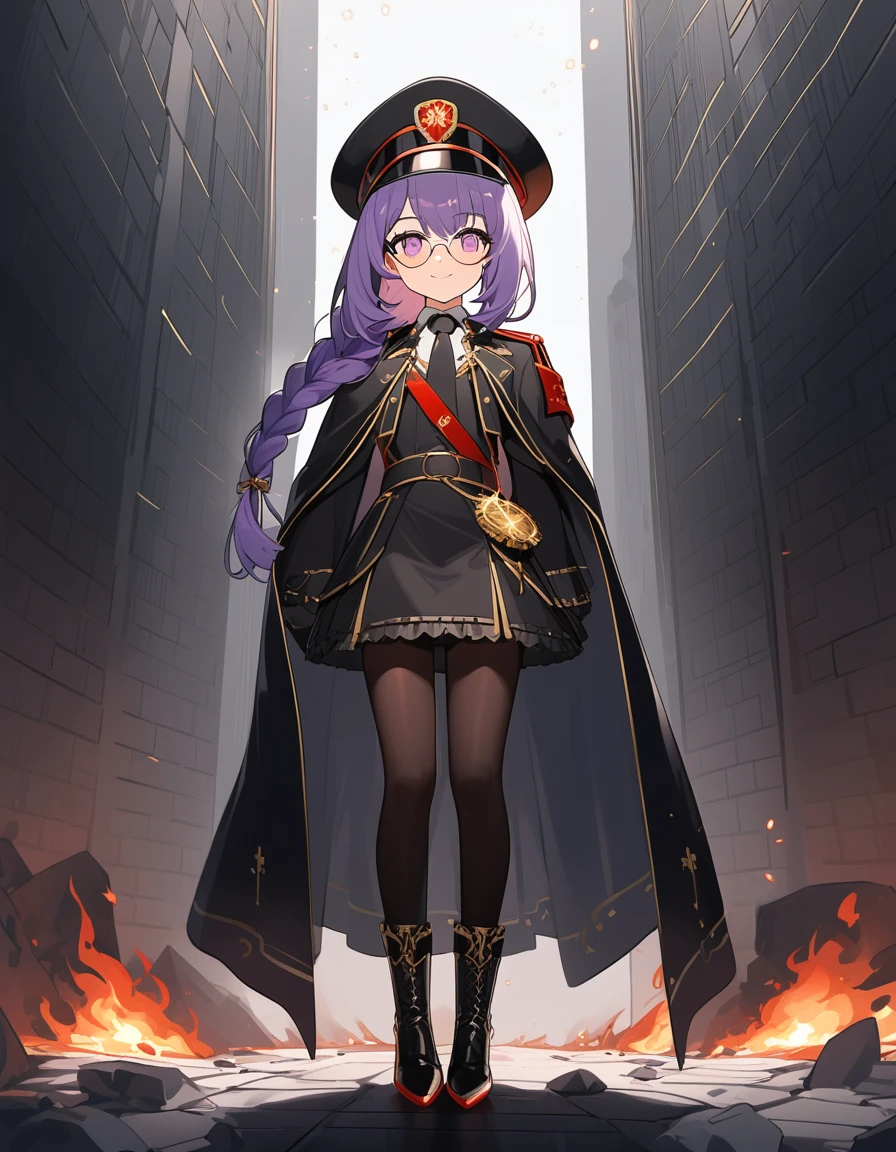 realisitic, City Deserted, Pile of rubble, Brick building, a one woman (18 years old, far away blackw hair, far away slits, Eyes red, glare eyes, 精致的面容, standing (In floor, feet shoulder-width apart), ta style military uniform (blackw base, Red Insert, golden decoration, volantes, wide sleeves, dainty and delicate detailing armors), blackw far away gloves (blackw, Red Insert, golden decoration, small hands, armors), blackw far away gloves, knee high boots (blackw, high-heels, red soles), ha (blackw, aba dourada, shield emblem, delicate details), arms in front, Front of belly, Holding military swords with both hands (blackw, golden decoration, delicate detail, Handle at the top, Ground-facing blade, in front of the body, far away), night sky (blackw, stele, Increased flames and smoke), Pale painting style, One Girl, super high quality, Super Detail, Super Detailed image, long hair, looking at viewer, skirt, shirt, hair ornament, violet eyes, gloves, round glasses, long sleeves, hat, closed mouth, jacket, violet hair, braid, open clothes, necktie, black gloves, black skirt, uniform, single braid, open jacket, black jacket, black headwear, 手链, peaked cap, black necktie, cropped jacket, military hat, pantyhose, Flat Chest, smile, Black Cape
