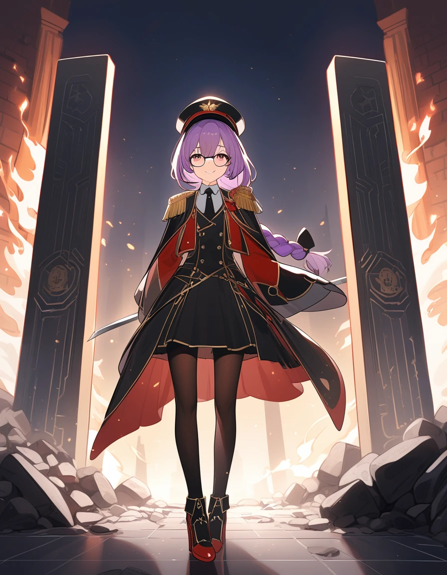 realisitic, City Deserted, Pile of rubble, Brick building, a one woman (18 years old, far away blackw hair, far away slits, Eyes red, glare eyes, 精致的面容, standing (In floor, feet shoulder-width apart), Lolita style military uniform (blackw base, Red Insert, golden decoration, volantes, wide sleeves, dainty and delicate detailing armors), blackw far away gloves (blackw, Red Insert, golden decoration, small hands, armors), blackw far away gloves, knee high boots (blackw, high-heels, red soles), ha (blackw, aba dourada, shield emblem, delicate details), arms in front, Front of belly, Holding military swords with both hands (blackw, golden decoration, delicate detail, Handle at the top, Ground-facing blade, in front of the body, far away), night sky (blackw, stele, Increased flames and smoke), Pale painting style, One Girl, super high quality, Super Detail, Super Detailed image, long hair, looking at viewer, skirt, shirt, hair ornament, violet eyes, gloves, round glasses, long sleeves, hat, closed mouth, jacket, violet hair, braid, open clothes, necktie, black gloves, black skirt, uniform, single braid, open jacket, black jacket, black headwear, 手链, peaked cap, black necktie, cropped jacket, military hat, pantyhose, Flat Chest, smile, Black Cape