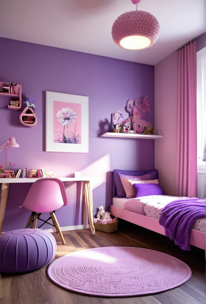 Chambre d’enfant fille cosy aménagement moderne rose et violet image photorealistic