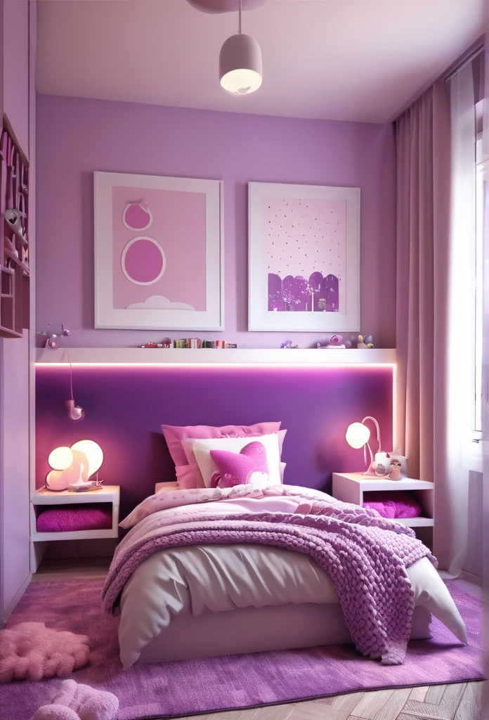 Chambre d’enfant fille cosy aménagement moderne rose et violet image photorealistic